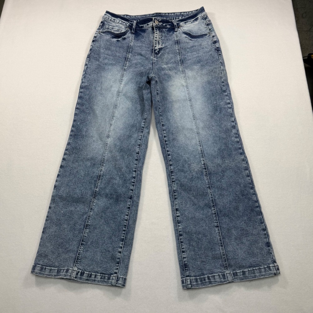 Women's Acid Wash Wide Leg Jeans Blue Front Seam High Rise Size 16 Retro